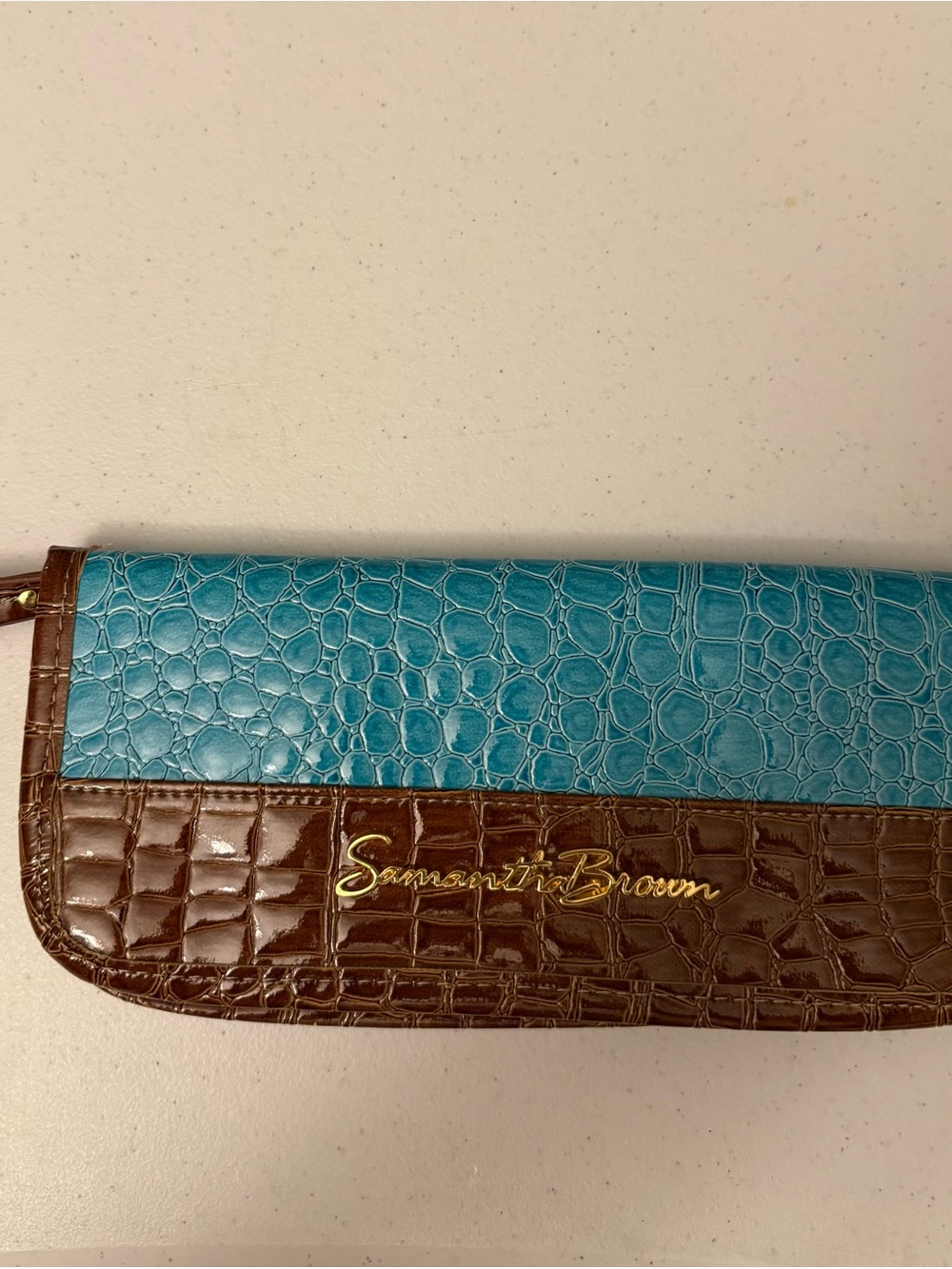 Samantha Brown Two-Tone Croc-Embossed Clutch in Teal and Brown